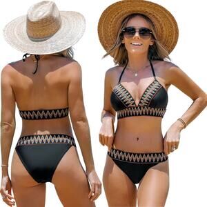 Cupshe Women's Chevron Stitching Halter Top & High Waist Bikini Set Black Small